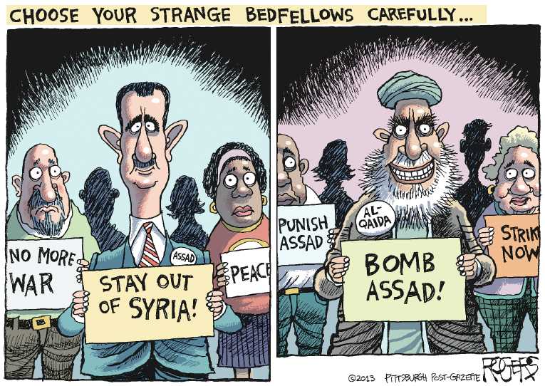 Political/Editorial Cartoon by Rob Rogers, The Pittsburgh Post-Gazette on Obama Pleads for War
