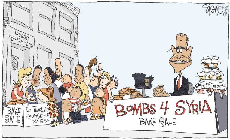 Political/Editorial Cartoon by Signe Wilkinson, Philadelphia Daily News on Obama Pleads for War