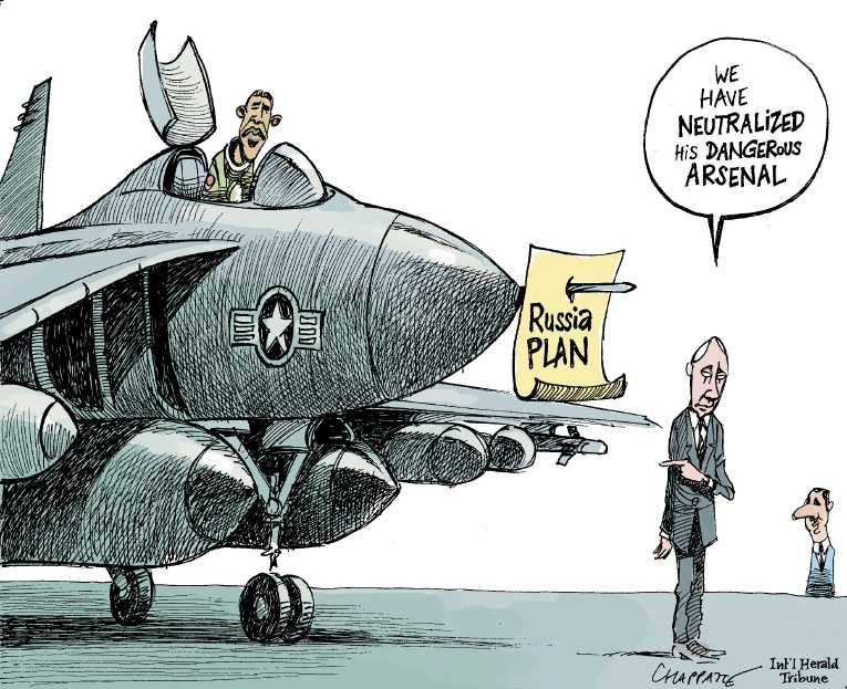 Political/Editorial Cartoon by Patrick Chappatte, International Herald Tribune on Obama Pleads for War