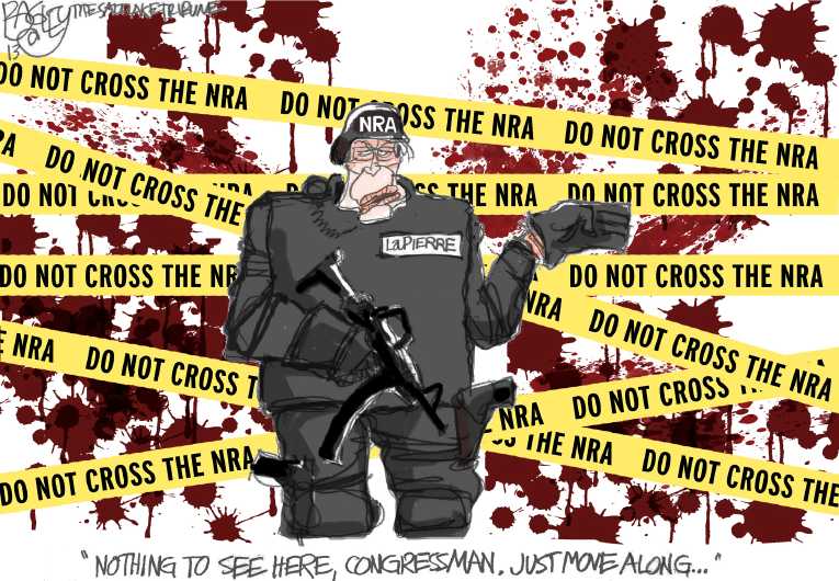 Political/Editorial Cartoon by Pat Bagley, Salt Lake Tribune on Madman Kills a Dozen