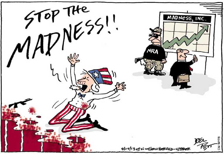 Political/Editorial Cartoon by Joel Pett, Lexington Herald-Leader, CWS/CartoonArts Intl. on Madman Kills a Dozen