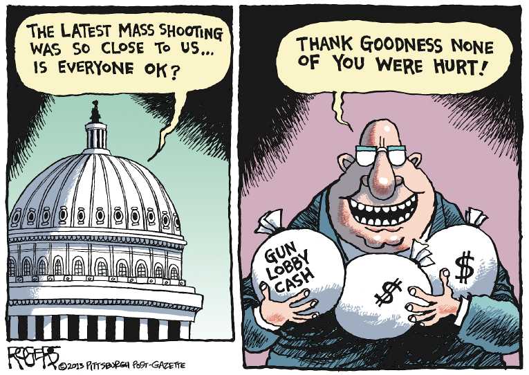 Political/Editorial Cartoon by Rob Rogers, The Pittsburgh Post-Gazette on Madman Kills a Dozen