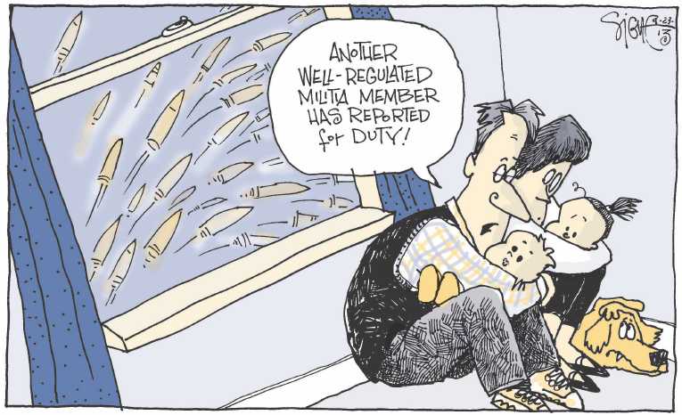Political/Editorial Cartoon by Signe Wilkinson, Philadelphia Daily News on Tighter Gun Regulations Unlikely