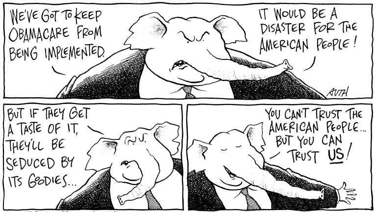 Political/Editorial Cartoon by Tony Auth, Philadelphia Inquirer on GOP Threatens Gov’t. Shutdown