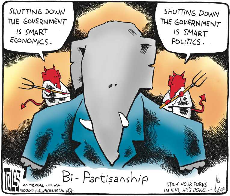 Political/Editorial Cartoon by Tom Toles, Washington Post on GOP Threatens Gov’t. Shutdown