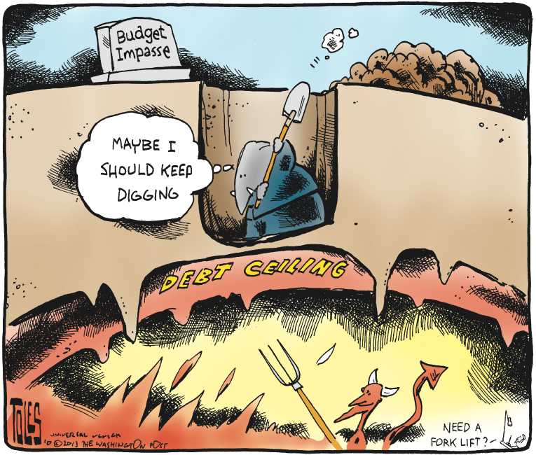Political/Editorial Cartoon by Tom Toles, Washington Post on Shutdown Continues