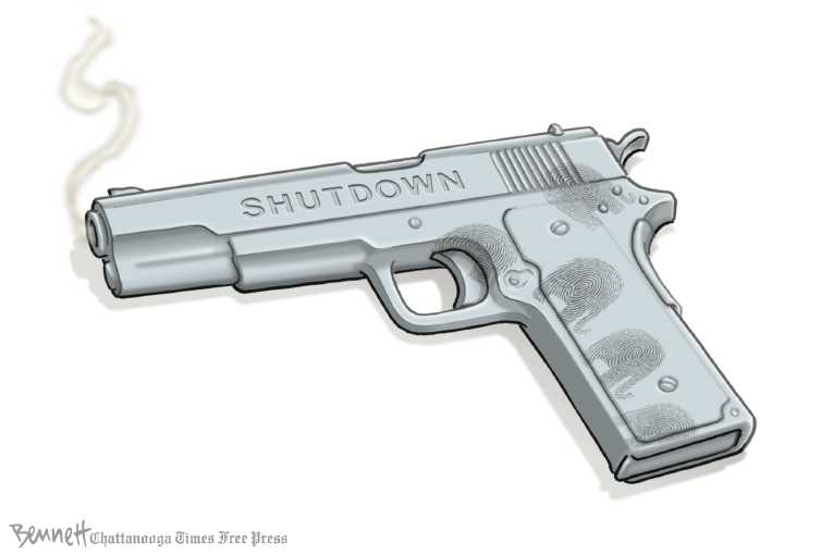 Political/Editorial Cartoon by Clay Bennett, Chattanooga Times Free Press on Shutdown Continues