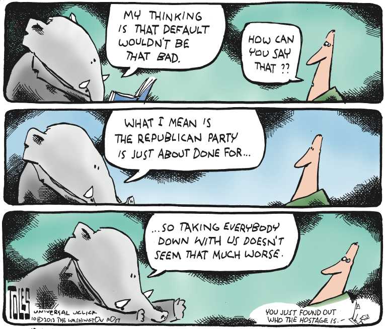 Political/Editorial Cartoon by Tom Toles, Washington Post on Debt Ceiling Deal Imminent