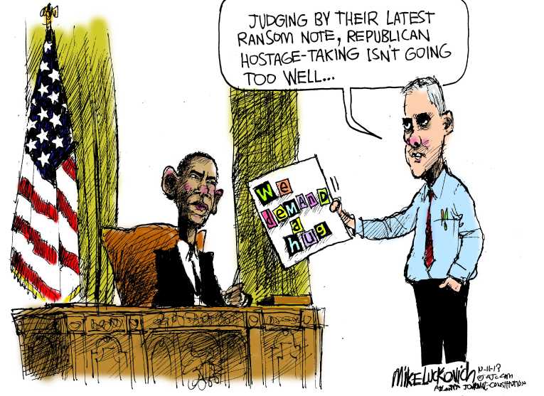 Political/Editorial Cartoon by Mike Luckovich, Atlanta Journal-Constitution on Debt Ceiling Deal Imminent
