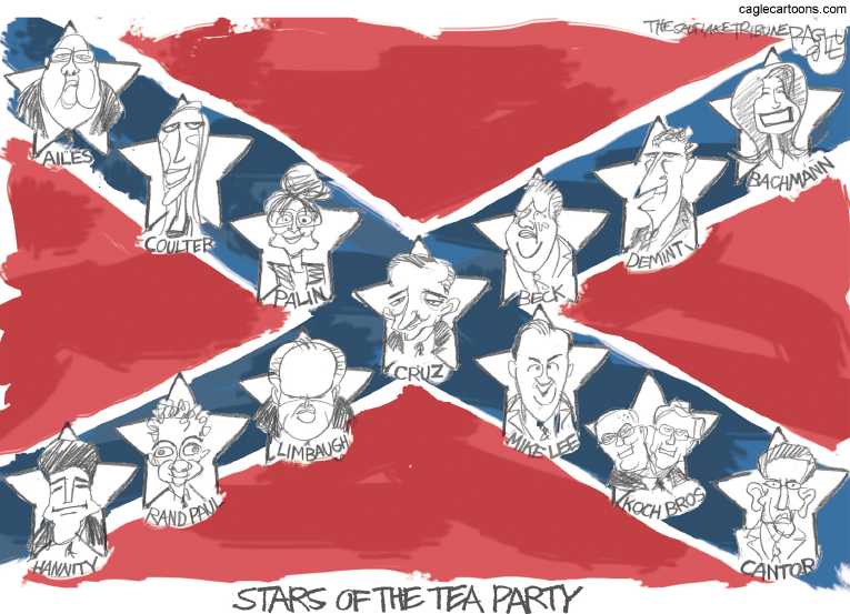 Political/Editorial Cartoon by Pat Bagley, Salt Lake Tribune on Tea Party Turns on GOP