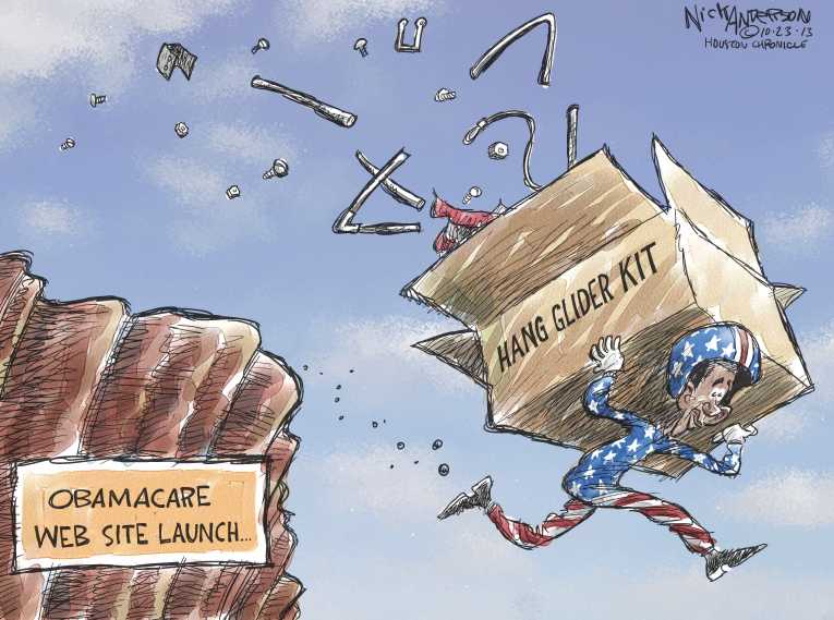 Political/Editorial Cartoon by Nick Anderson, Houston Chronicle on ObamaCare Web Site Crashes