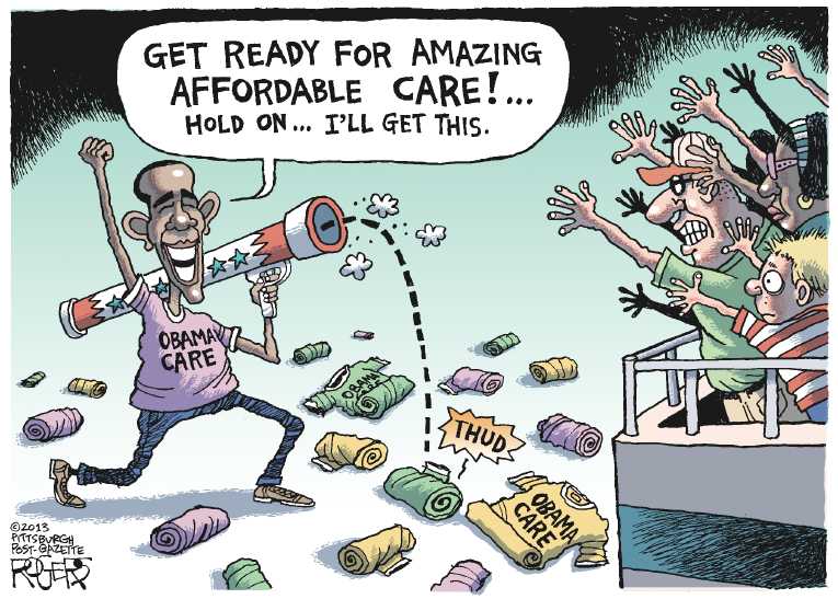 Political/Editorial Cartoon by Rob Rogers, The Pittsburgh Post-Gazette on ObamaCare Web Site Crashes