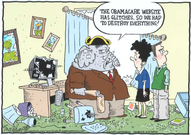 Political/Editorial Cartoon by Bob Engelhart, Hartford Courant on ObamaCare Web Site Crashes