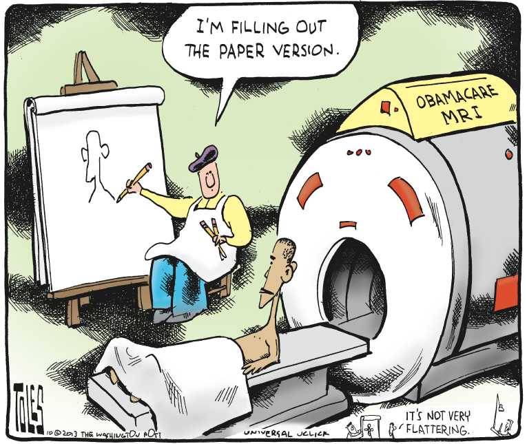 Political/Editorial Cartoon by Tom Toles, Washington Post on ObamaCare Web Site Crashes