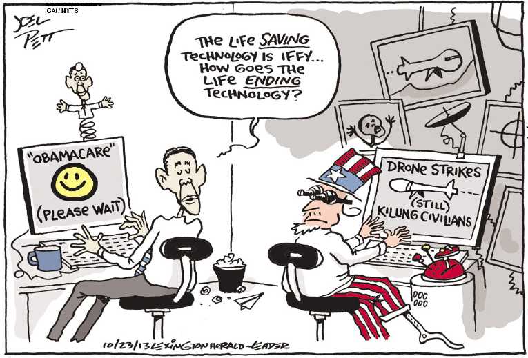 Political/Editorial Cartoon by Joel Pett, Lexington Herald-Leader, CWS/CartoonArts Intl. on ObamaCare Web Site Crashes