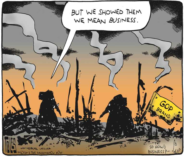 Political/Editorial Cartoon by Tom Toles, Washington Post on Shutdown Ends, Debt Ceiling Raised