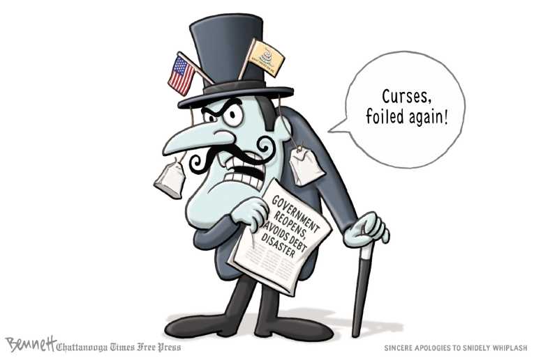 Political/Editorial Cartoon by Clay Bennett, Chattanooga Times Free Press on Shutdown Ends, Debt Ceiling Raised