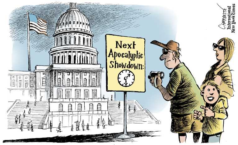 Political/Editorial Cartoon by Patrick Chappatte, International Herald Tribune on Shutdown Ends, Debt Ceiling Raised