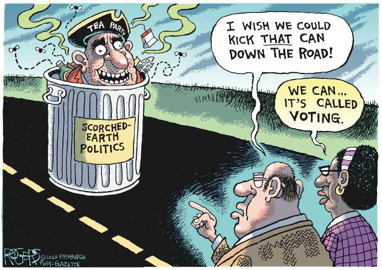 Political/Editorial Cartoon by Rob Rogers, The Pittsburgh Post-Gazette on Shutdown Ends, Debt Ceiling Raised