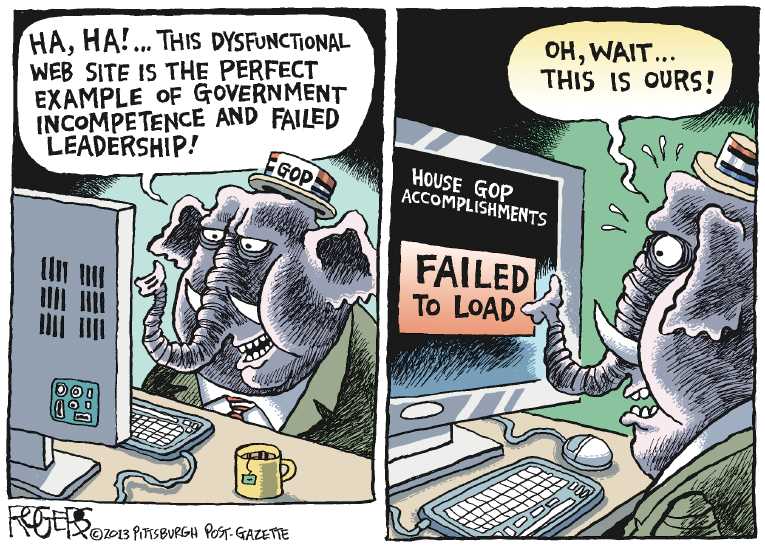Political/Editorial Cartoon by Rob Rogers, The Pittsburgh Post-Gazette on GOP Upset With Site Woes