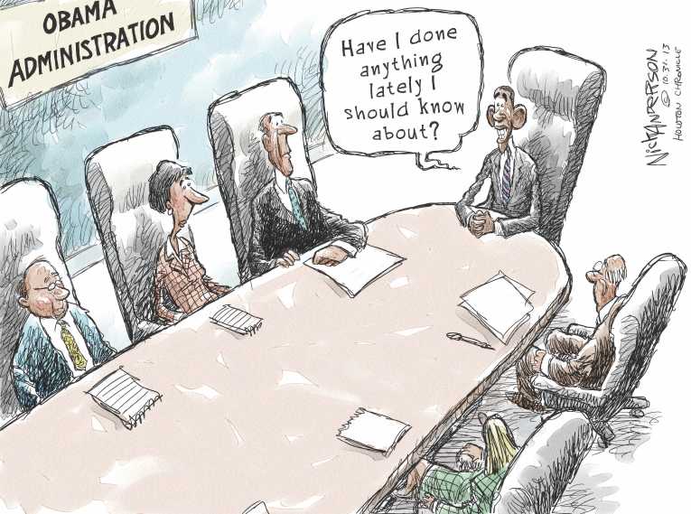 Political/Editorial Cartoon by Nick Anderson, Houston Chronicle on Obama Settling In to 2nd Term