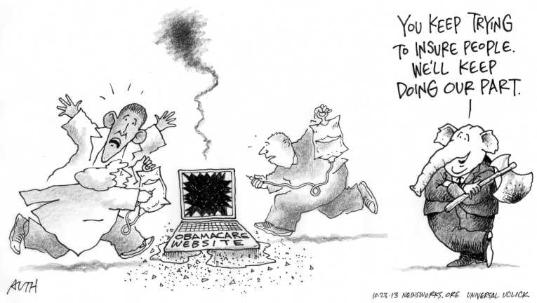 Political/Editorial Cartoon by Tony Auth, Philadelphia Inquirer on ObamaCare Site Crashes