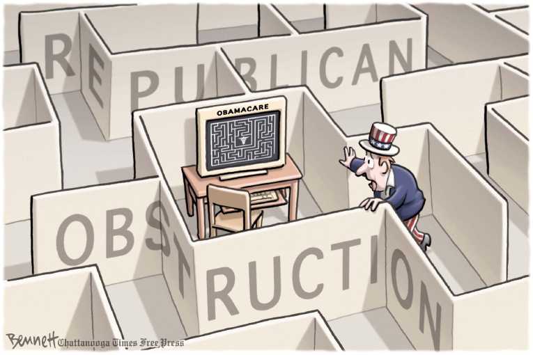Political/Editorial Cartoon by Clay Bennett, Chattanooga Times Free Press on ObamaCare Site Crashes