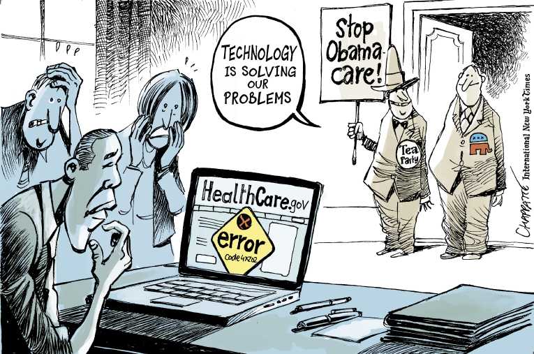 Political/Editorial Cartoon by Patrick Chappatte, International Herald Tribune on ObamaCare Site Crashes