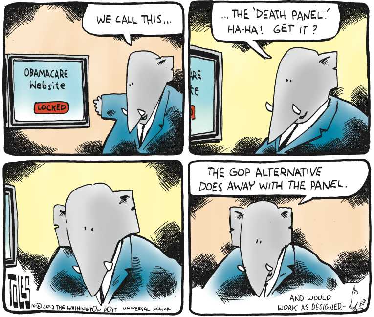 Political/Editorial Cartoon by Tom Toles, Washington Post on ObamaCare Site Crashes