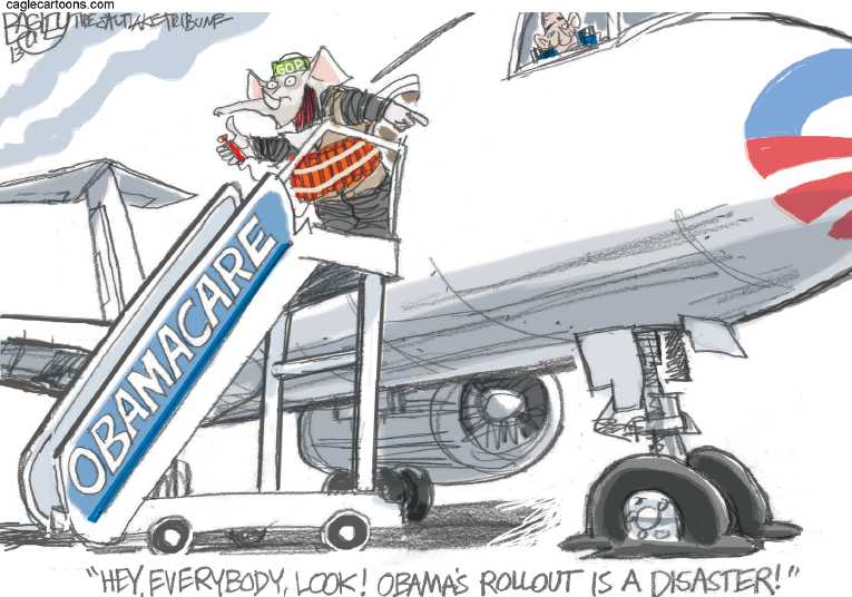 Political/Editorial Cartoon by Pat Bagley, Salt Lake Tribune on ObamaCare Site Crashes