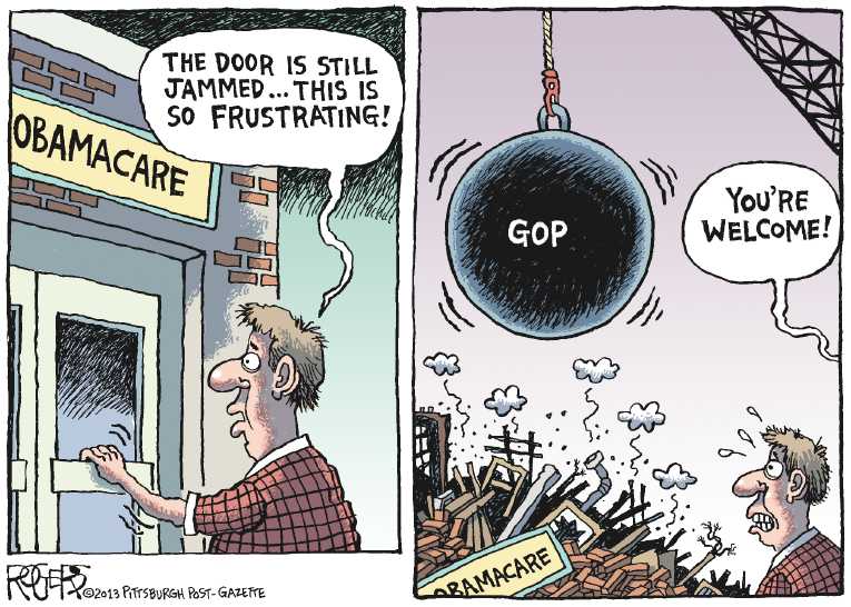 Political/Editorial Cartoon by Rob Rogers, The Pittsburgh Post-Gazette on ObamaCare Site Crashes