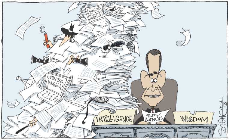 Political/Editorial Cartoon by Signe Wilkinson, Philadelphia Daily News on US Bugged German Chancellor