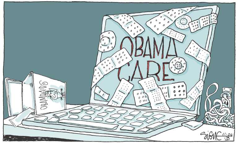 Political/Editorial Cartoon by Signe Wilkinson, Philadelphia Daily News on ObamaCare Rollout Continues