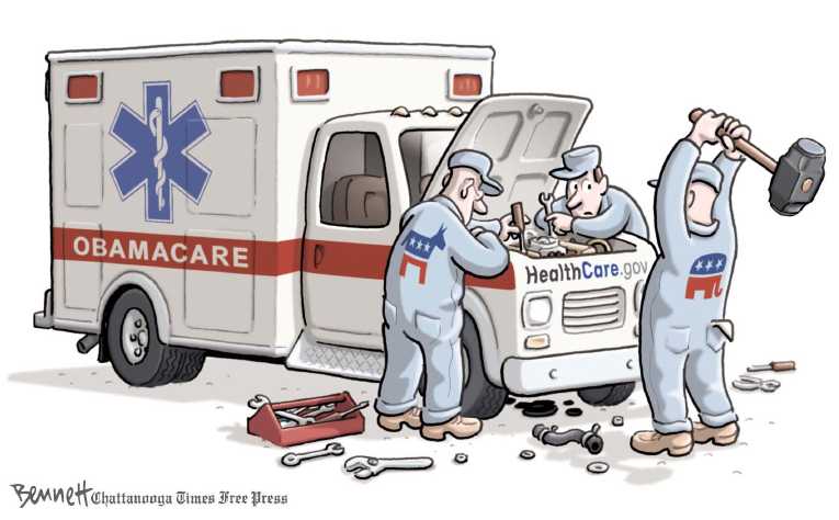 Political/Editorial Cartoon by Clay Bennett, Chattanooga Times Free Press on ObamaCare Rollout Continues