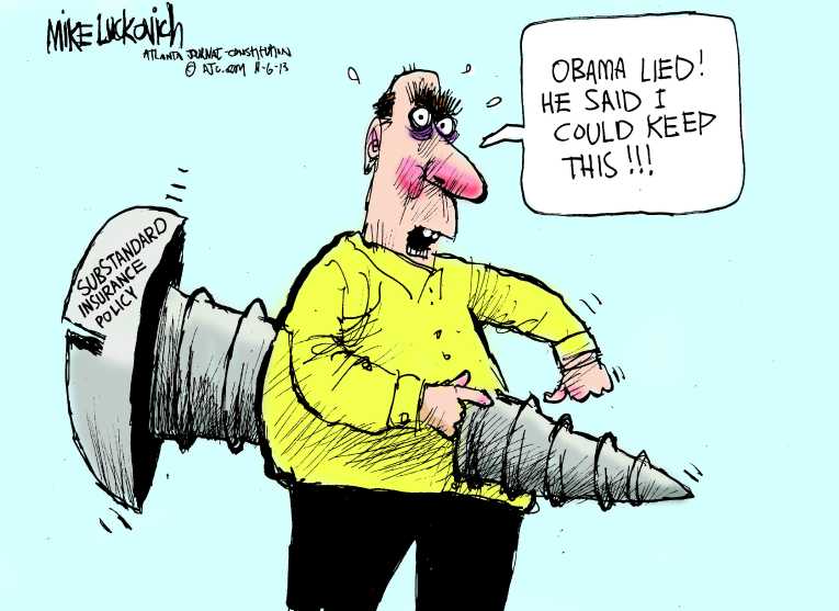 Political/Editorial Cartoon by Mike Luckovich, Atlanta Journal-Constitution on ObamaCare Rollout Continues