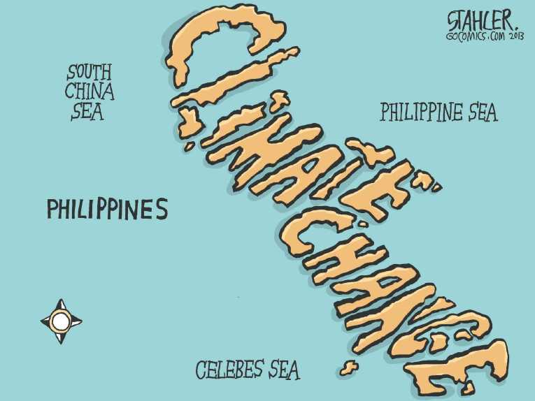 Political/Editorial Cartoon by Jeff Stahler on Typhoon Kills Thousands
