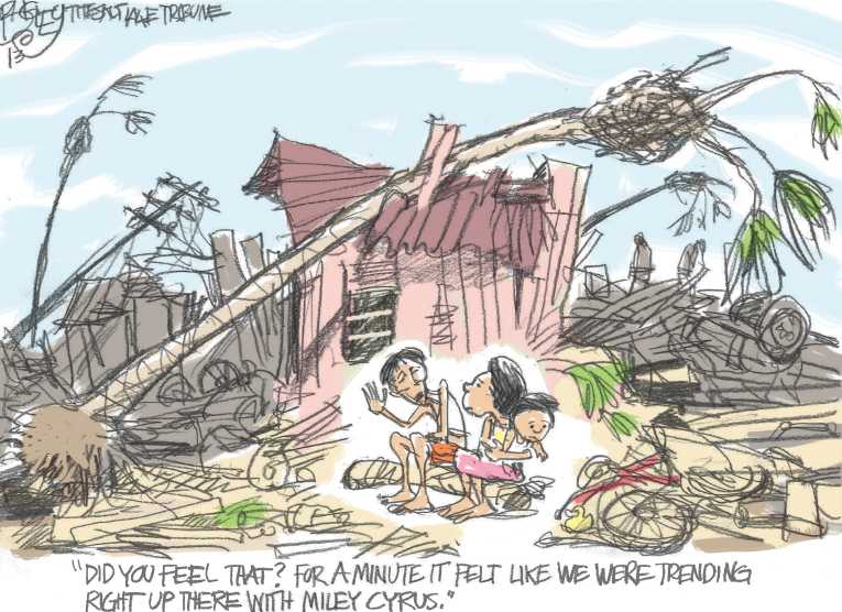 Political/Editorial Cartoon by Pat Bagley, Salt Lake Tribune on Typhoon Kills Thousands
