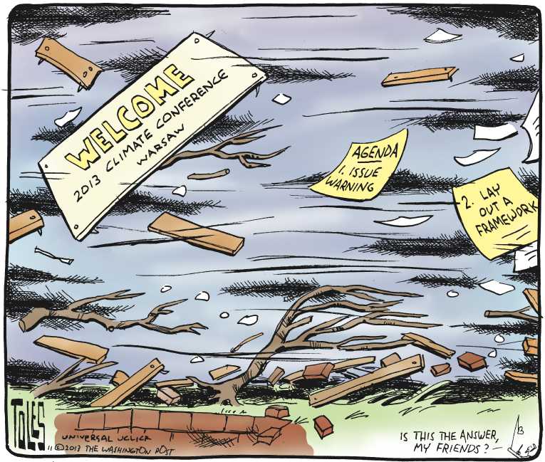 Political/Editorial Cartoon by Tom Toles, Washington Post on Typhoon Kills Thousands