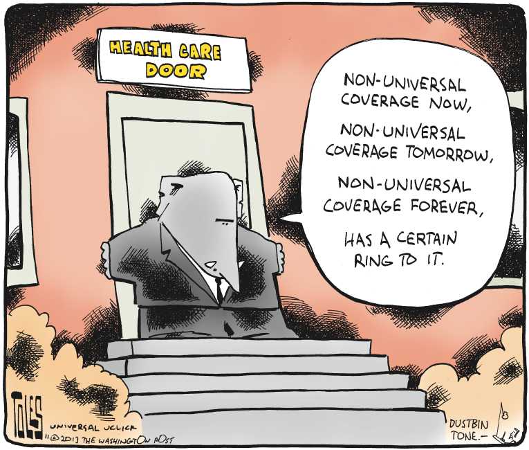 Political/Editorial Cartoon by Tom Toles, Washington Post on ObamaCare Site Still Broken