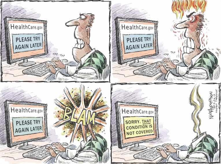 Political/Editorial Cartoon by Nick Anderson, Houston Chronicle on ObamaCare Battle Escalating