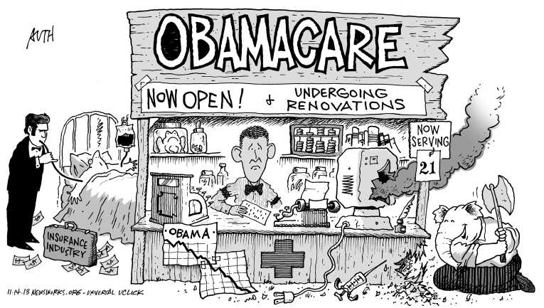 Political/Editorial Cartoon by Tony Auth, Philadelphia Inquirer on ObamaCare Battle Escalating