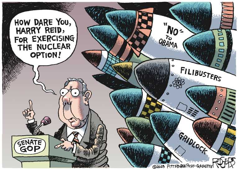 Political/Editorial Cartoon by Rob Rogers, The Pittsburgh Post-Gazette on Senate Changes Filibuster Rule