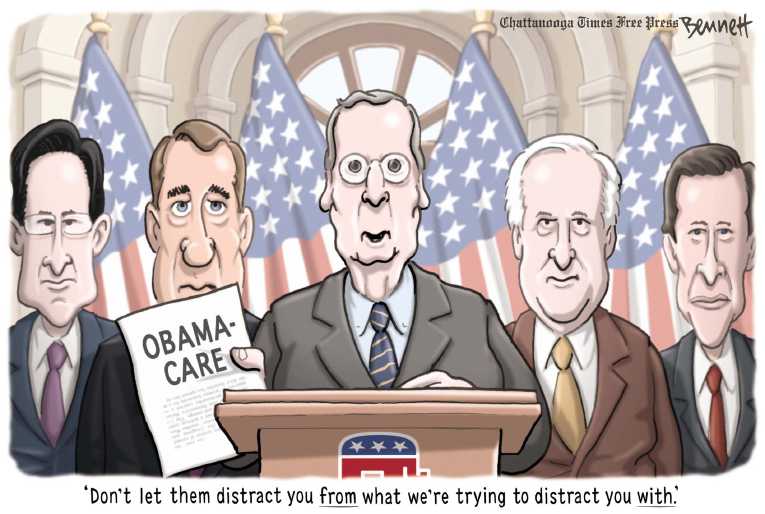 Political/Editorial Cartoon by Clay Bennett, Chattanooga Times Free Press on ObamaCare Hotly Opposed by GOP