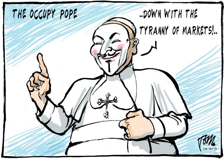 Political/Editorial Cartoon by Tom Janssen, Trouw, Amsterdam, Netherlands on Pope Condemns Heartless Capitalism
