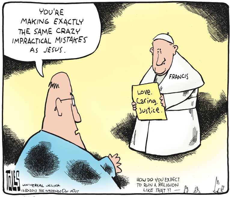 Political/Editorial Cartoon by Tom Toles, Washington Post on Pope Condemns Heartless Capitalism