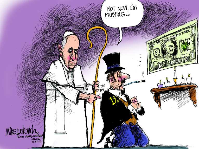 Political/Editorial Cartoon by Mike Luckovich, Atlanta Journal-Constitution on Pope Condemns Heartless Capitalism
