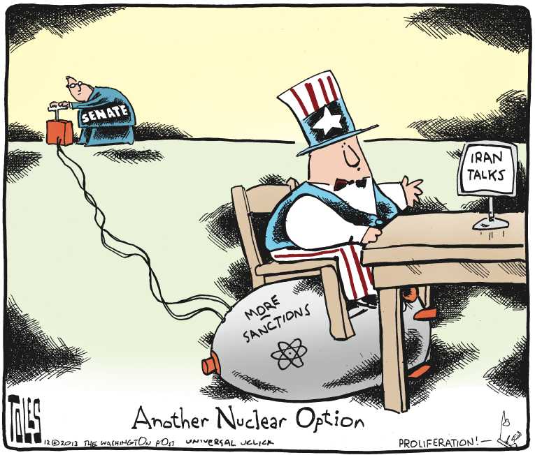 Political/Editorial Cartoon by Tom Toles, Washington Post on US, Iran Reach Agreement