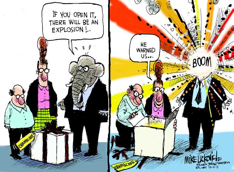 Political/Editorial Cartoon by Mike Luckovich, Atlanta Journal-Constitution on ObamaCare Rollout Improving