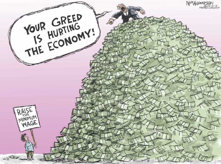 Political/Editorial Cartoon by Nick Anderson, Houston Chronicle on Minimum Wage Debate Continues