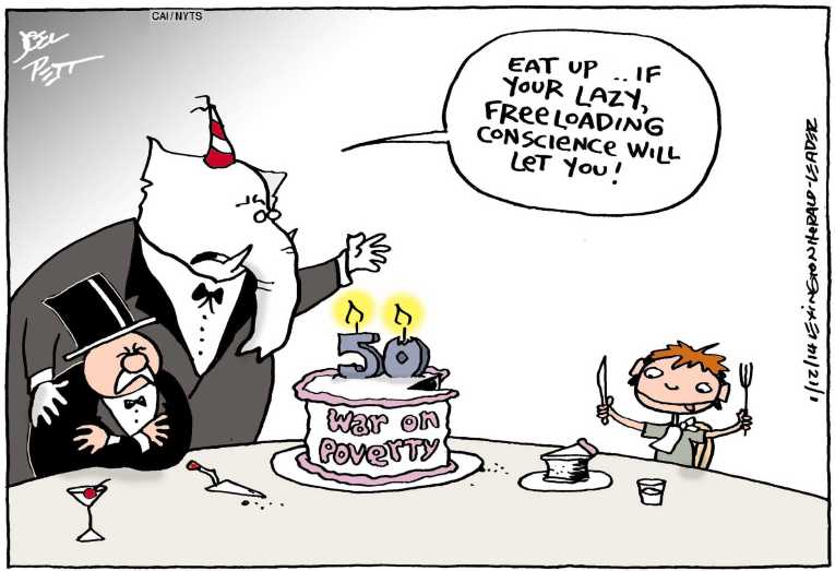 Political/Editorial Cartoon by Joel Pett, Lexington Herald-Leader, CWS/CartoonArts Intl. on War on Poverty Commemorated
